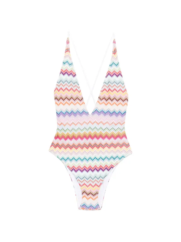 Missoni One-piece Swimsuit in Lamé Viscose with Pixel-effect Zigzag Pattern and V-neckline in White
