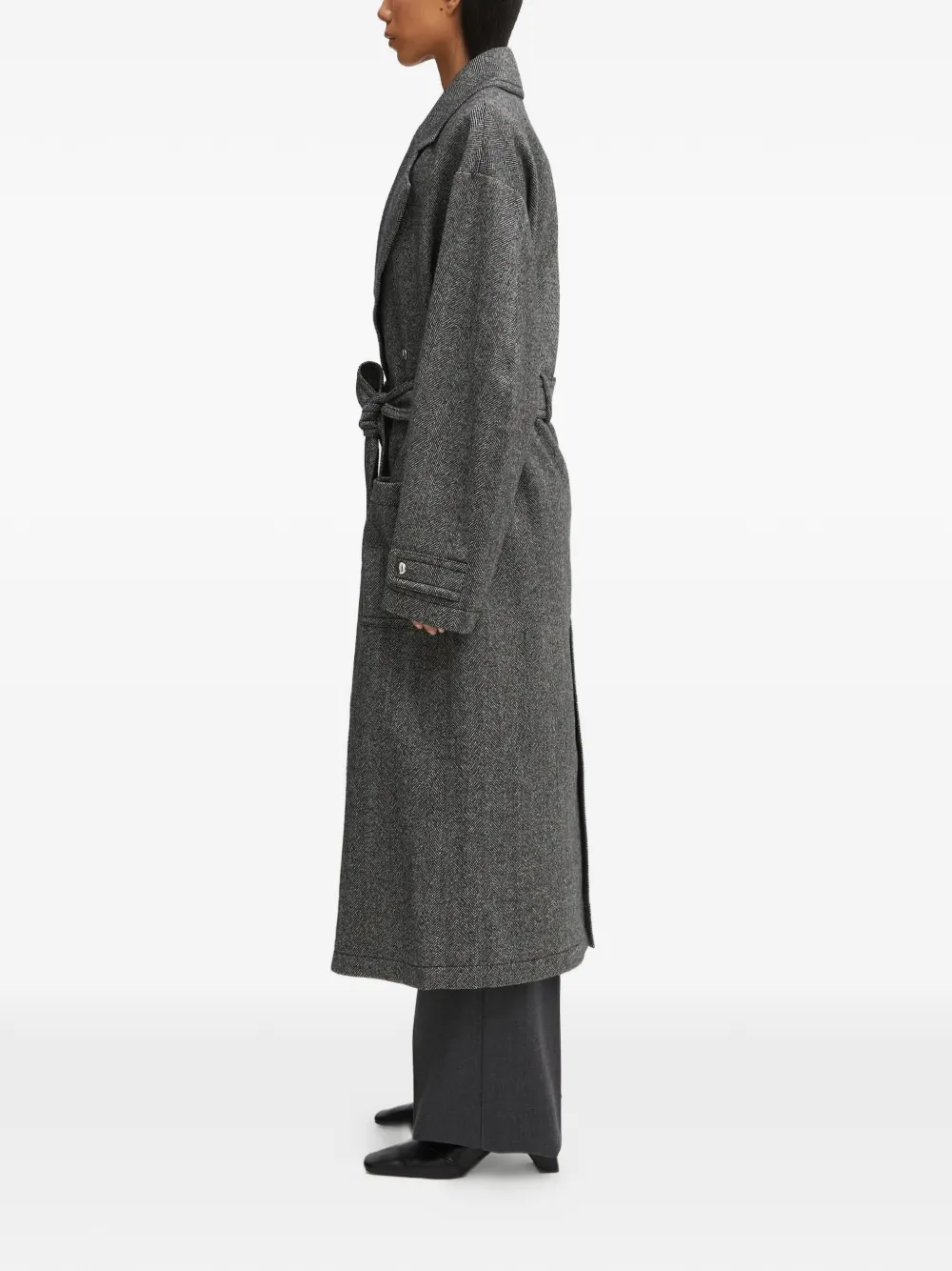  Fiorucci Belted Herringbone Coat - Grey 