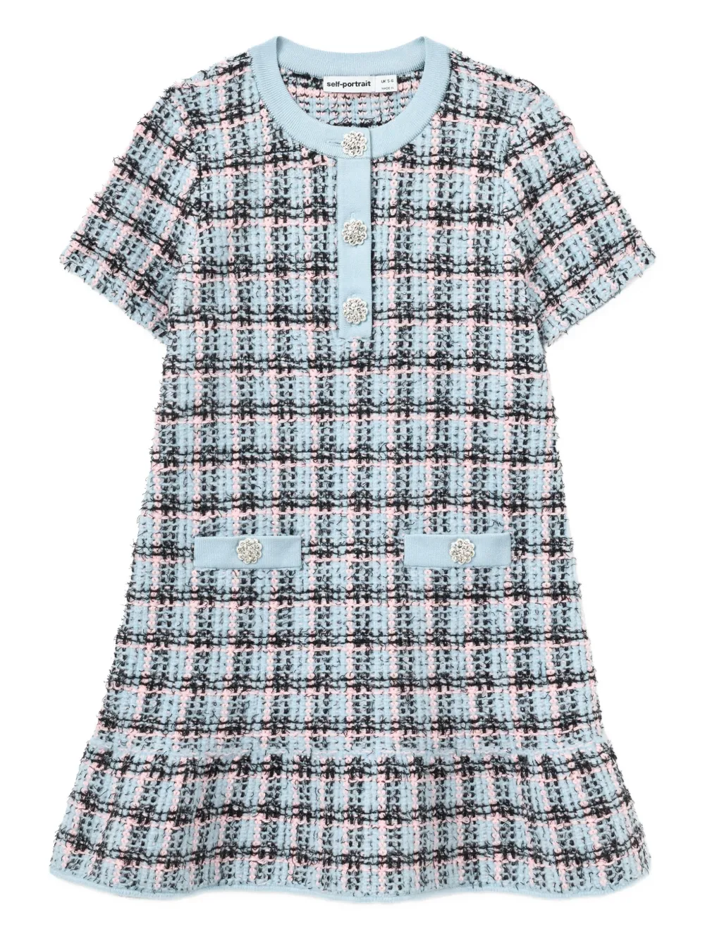 Self-Portrait Kids rhinestone-embellishment checked dress - Blu