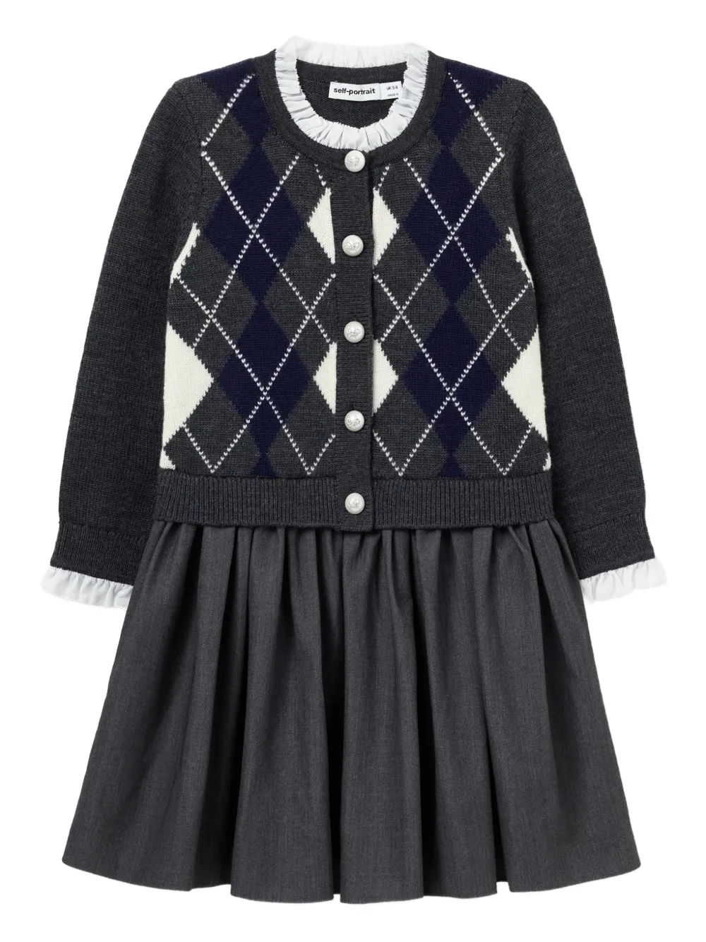 Self-Portrait Kids argyle-knit buttoned dress - Grigio