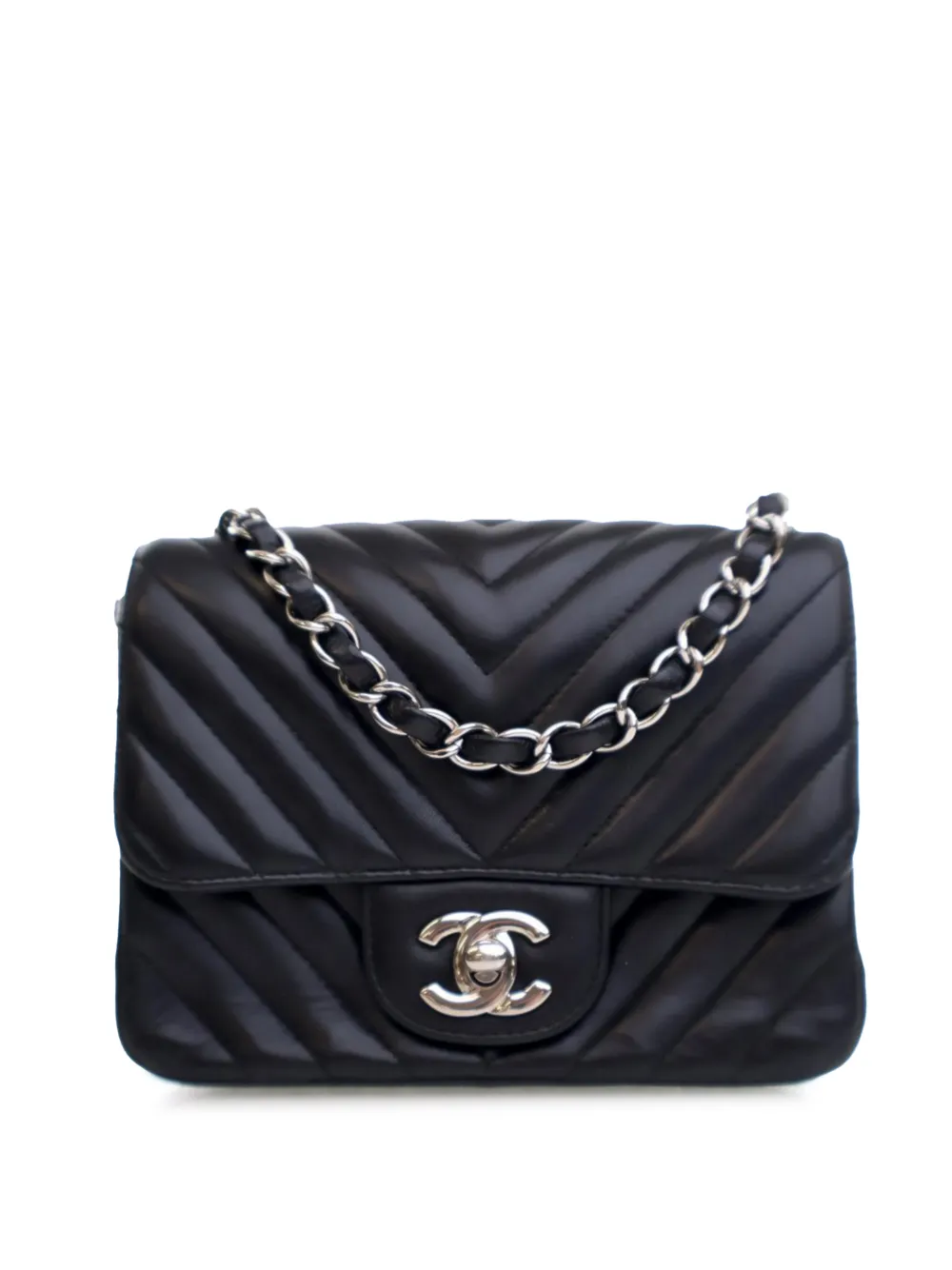 CHANEL Pre-Owned Borsa a tracolla Square Classic mini in pelle di agnello con battente e motivo chevron 2016-2017 - Nero