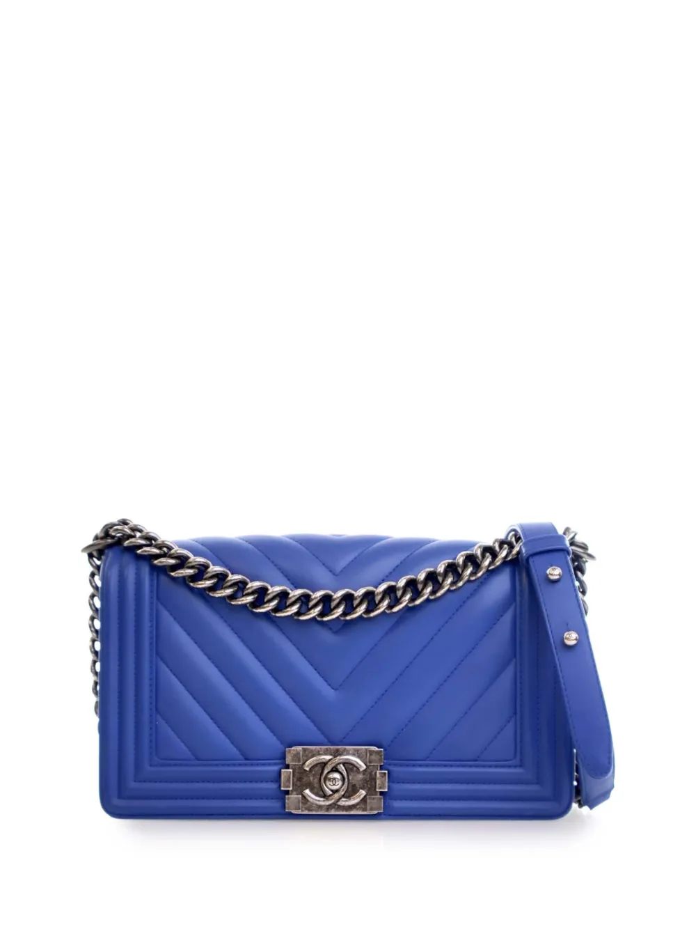 CHANEL Pre-Owned Borsa a tracolla Boy media in pelle di vitello con motivo chevron 2016-2017 - Blu