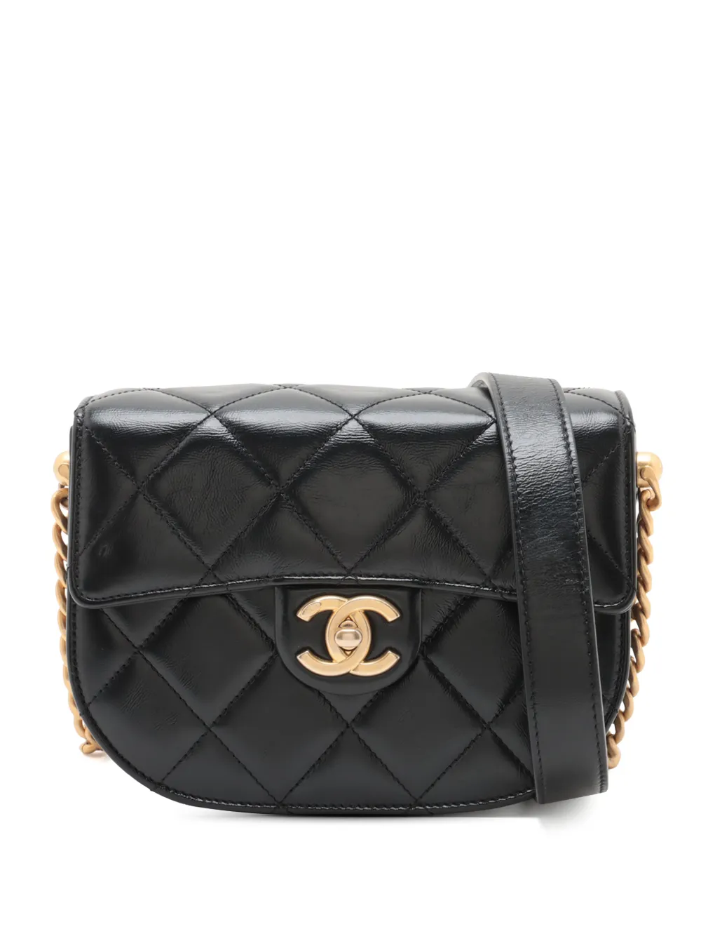 CHANEL Pre-Owned Borsa a tracolla CC Round Moon Flap mini in pelle di vitello lucida trapuntata 2021-2025 - Nero