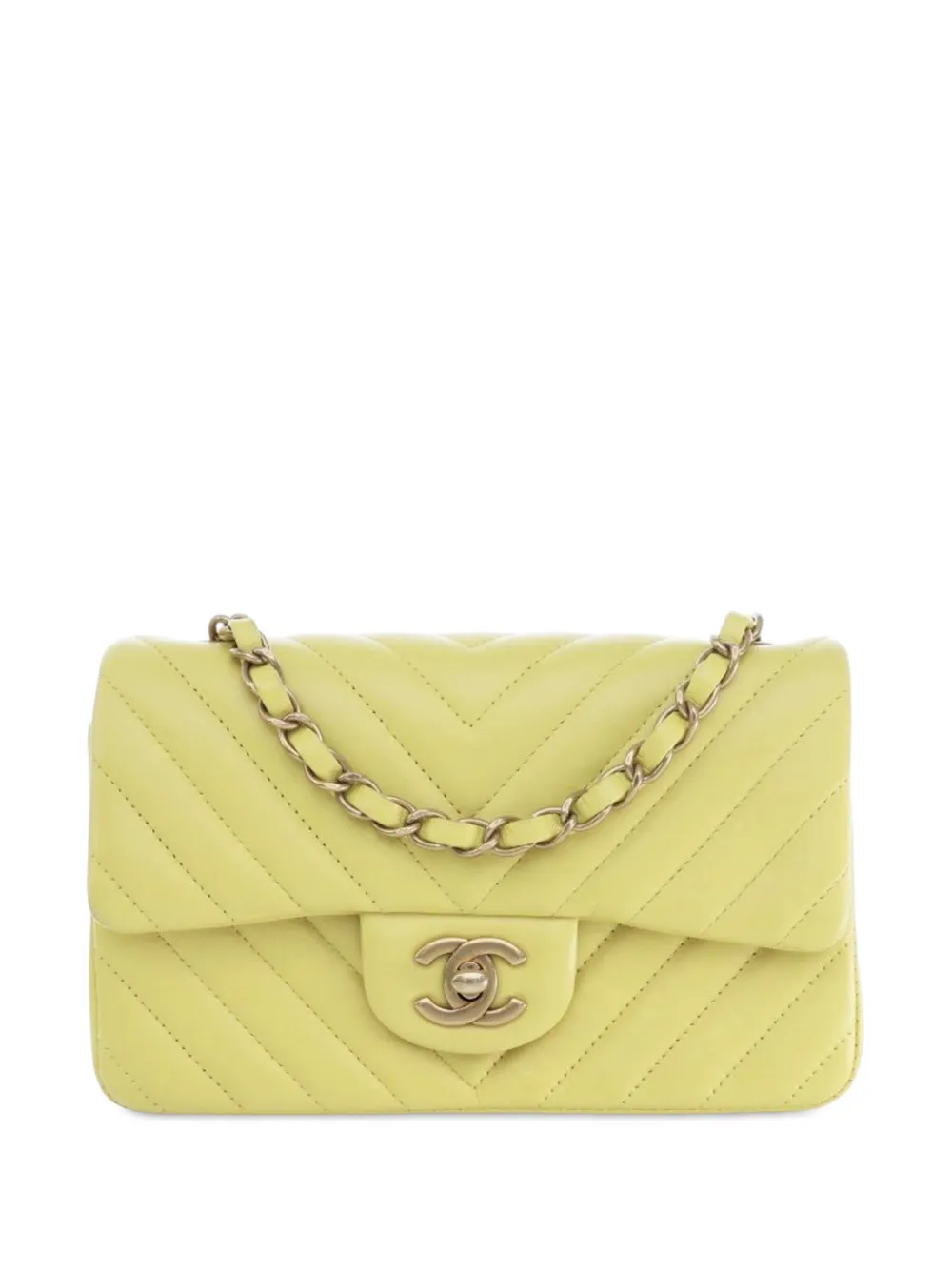 CHANEL Pre-Owned Borsa a tracolla rettangolare mini in pelle di agnello con motivo chevron e battente 2015-2016 - Giallo