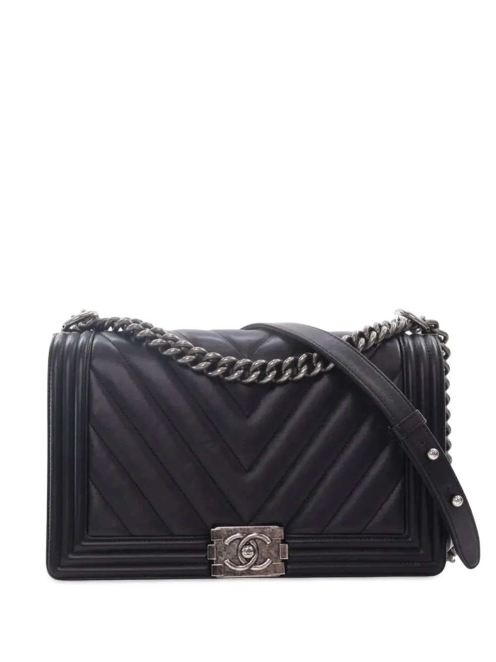 CHANEL Pre-Owned Borsa a tracolla Boy media in pelle di agnello con motivo chevron 2014-2015 - Nero