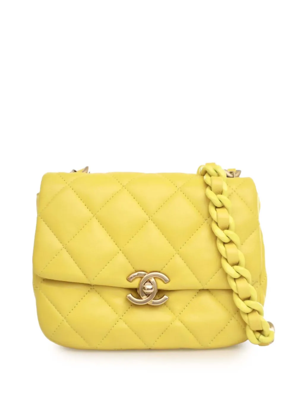 Pre-owned Chanel 2021-2025 Mini Quilted Lambskin Candy Chain Flap Crossbody Bag In Yellow