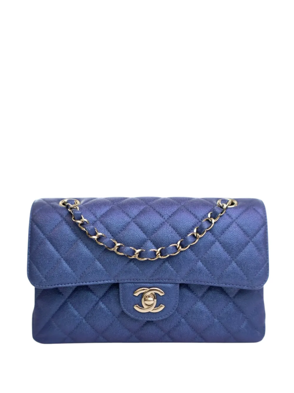 CHANEL Pre-Owned Borsa a spalla Classic Double Flap piccola in pelle Caviar con finitura iridescente 2019 - Blu