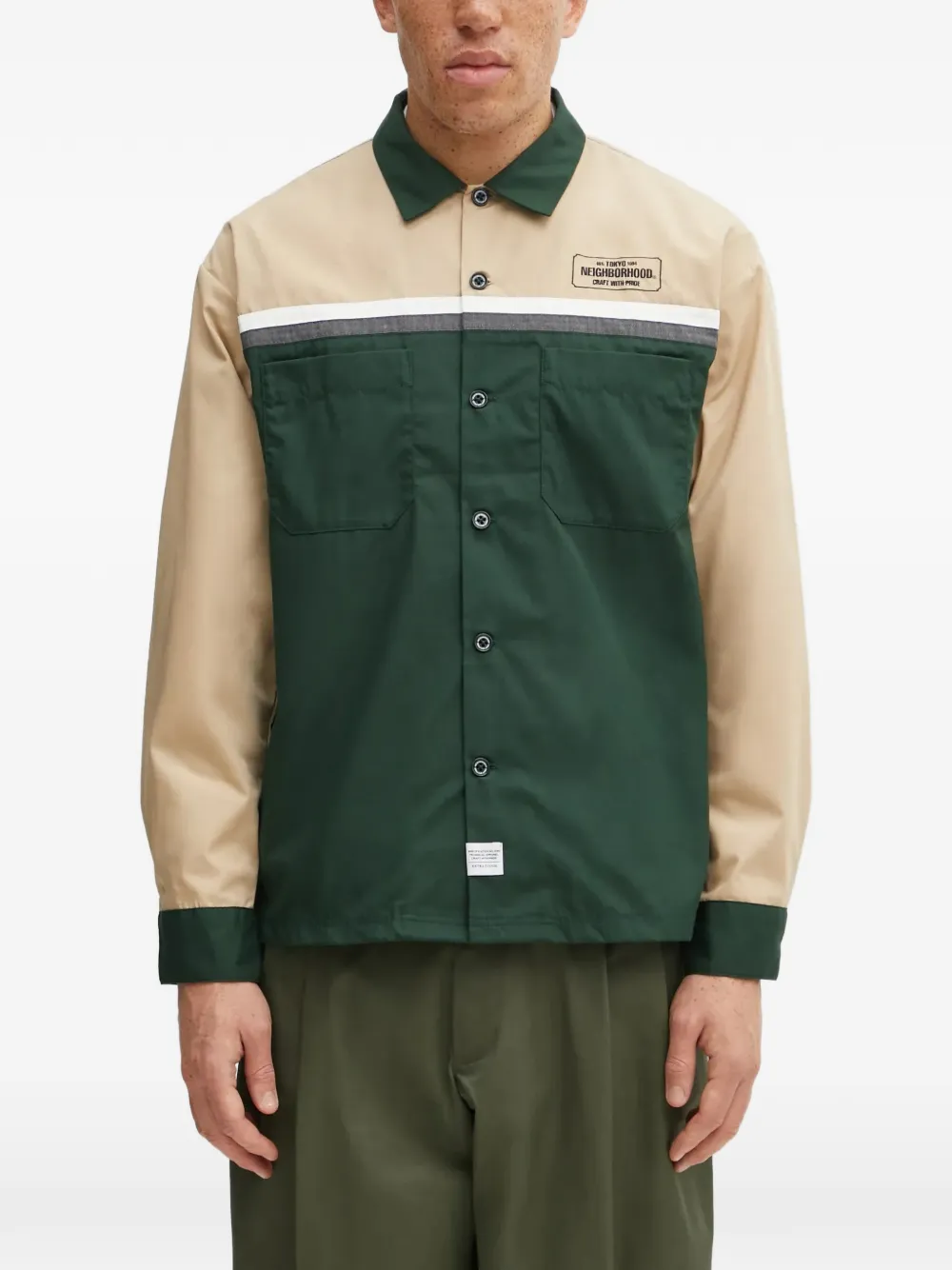 Neighborhood colourblock patch-pocket overshirt - Verde