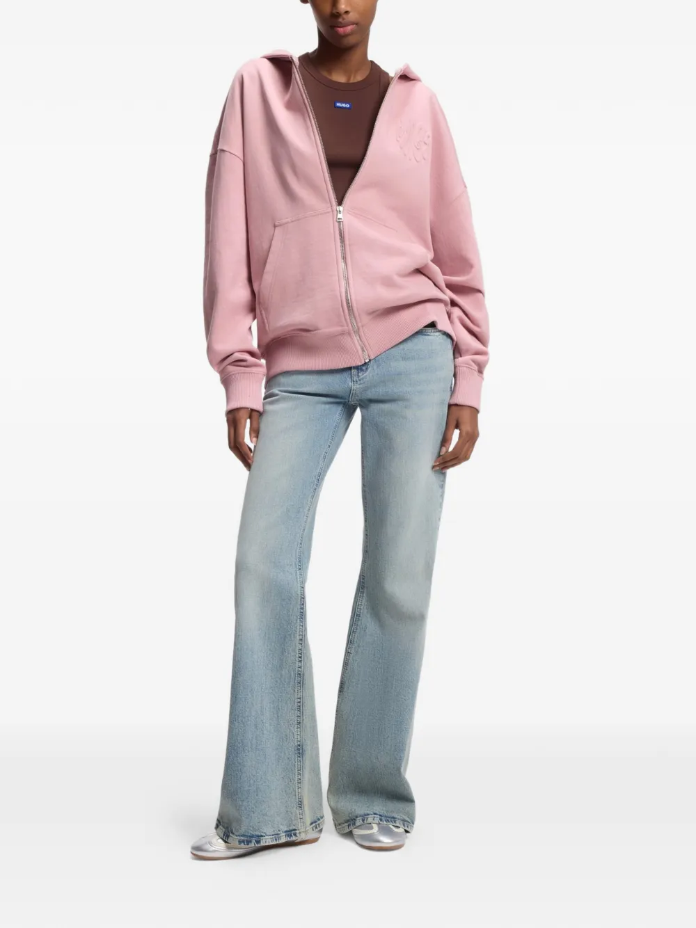 HUGO Hoodie met rits en reliëf - Roze