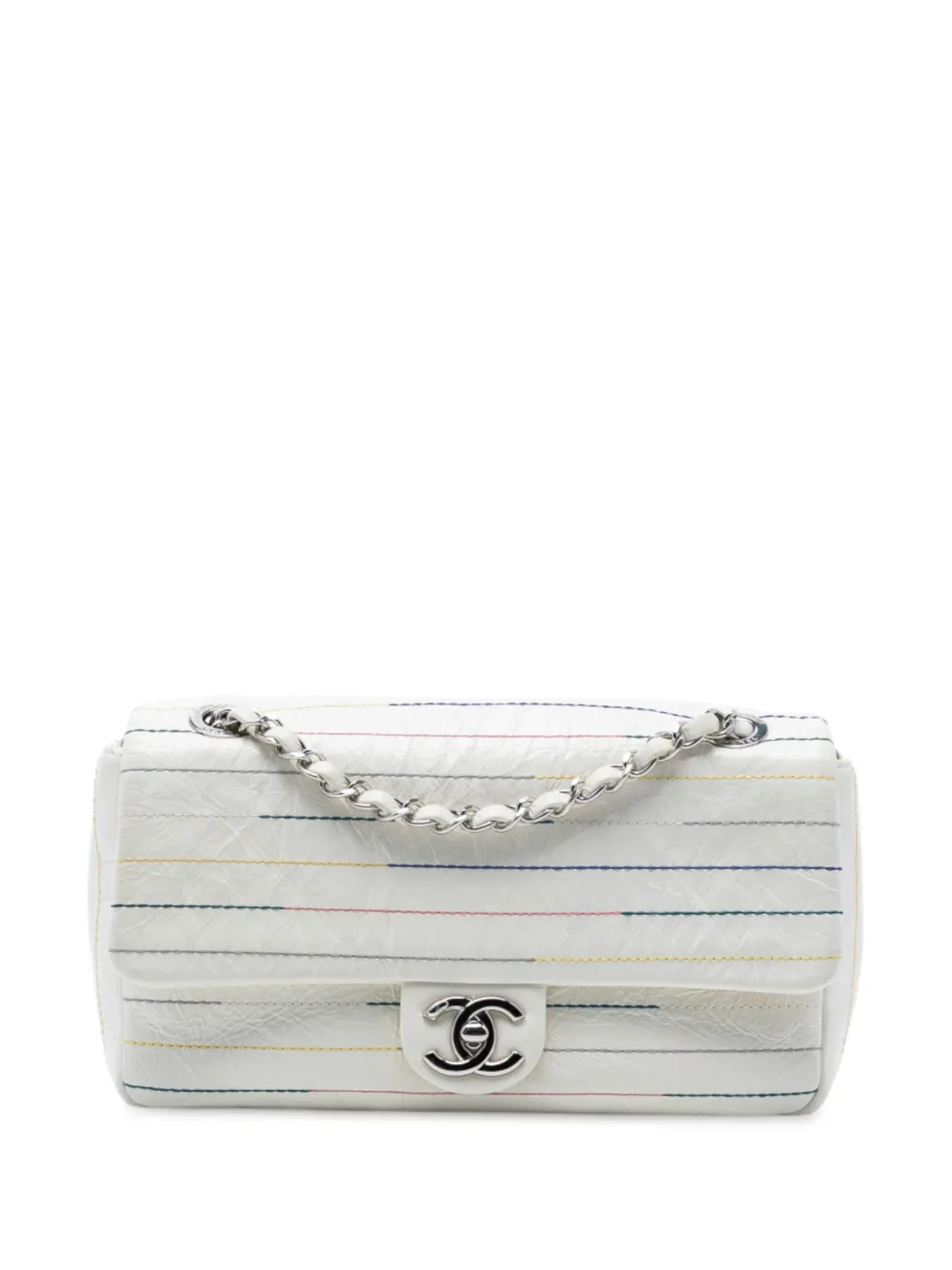 CHANEL Pre-Owned Borsa a tracolla in pelle di vitello effetto vissuto con battente e cuciture 2019 - Bianco