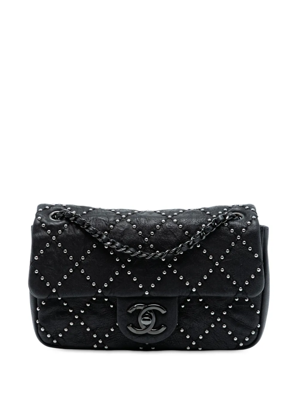 Pre-owned Chanel 2014 Small Quilted Distressed Calfskin Studded Metal Beauty Flap Shoulder Bag In Black