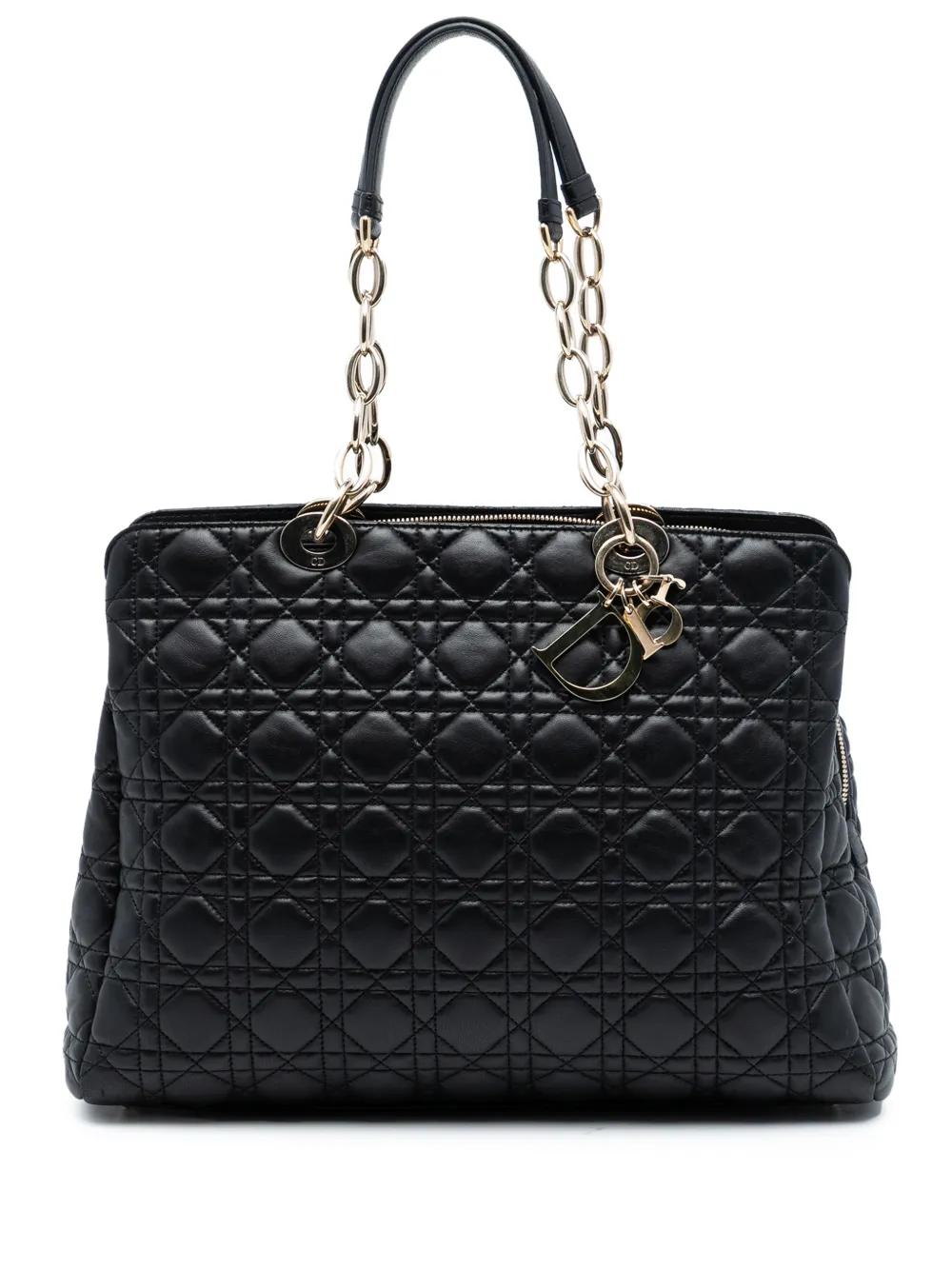 Pre-owned Dior 2014 Large Lambskin Cannage Soft Zipped Lady Shopping Tote Bag In Black