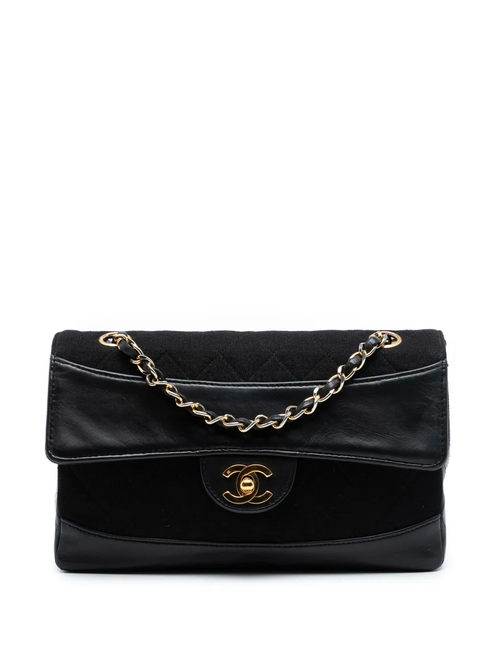 CHANEL Pre-Owned Borsa a spalla CC in jersey e pelle di vitello trapuntata con battente 1989-1991 - Nero