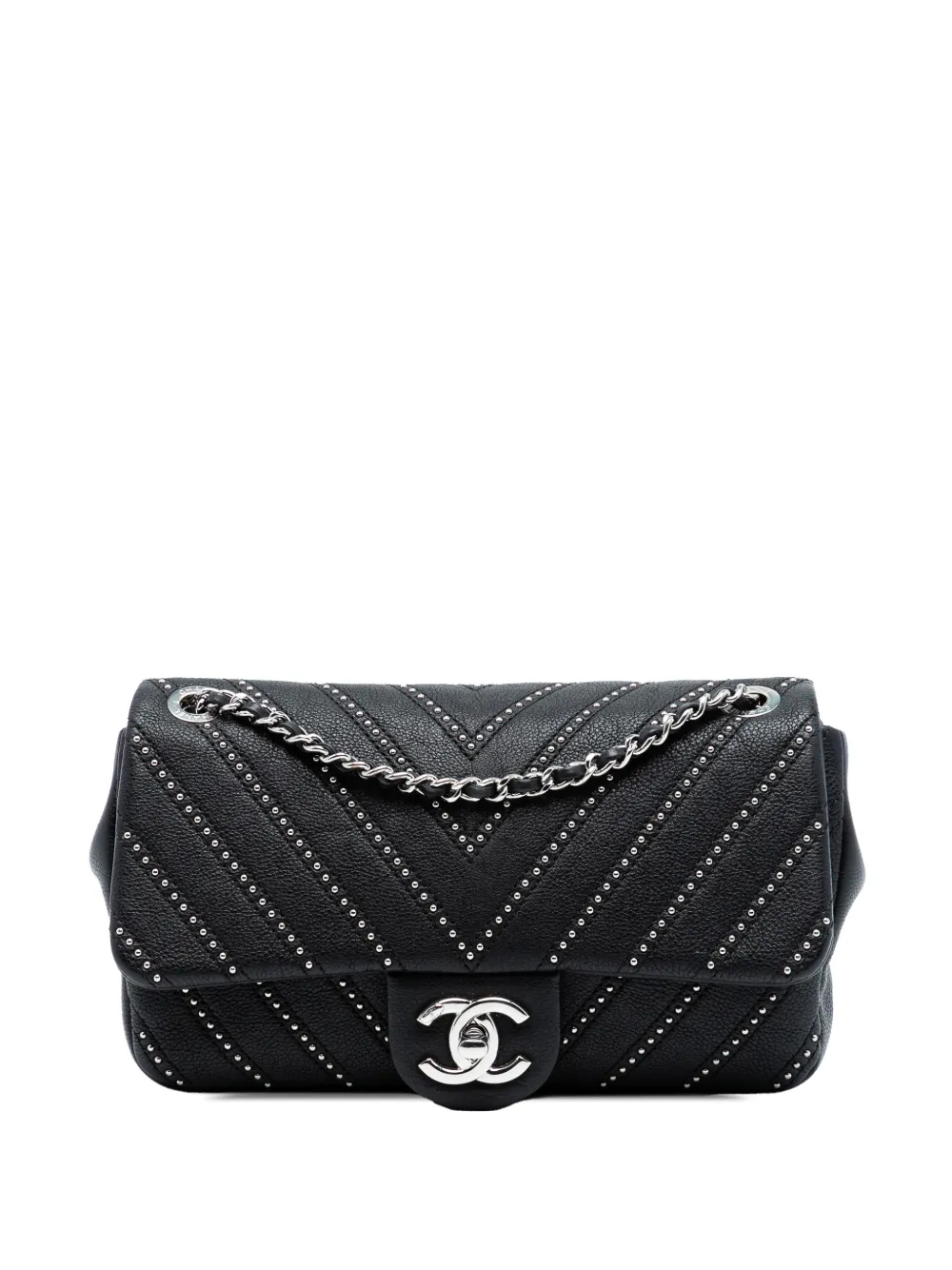 Pre-owned Chanel 2017-2018 Small Chevron Calfskin Stud Wars Flap Crossbody Bag In Black