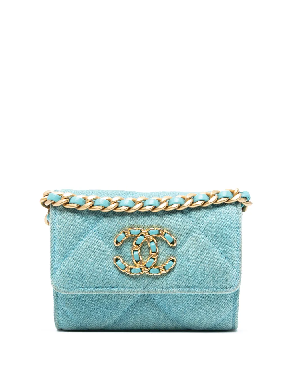 Pre-owned Chanel 2021 Quilted Denim 19 Card Holder With Chain Crossbody Bag In Blue