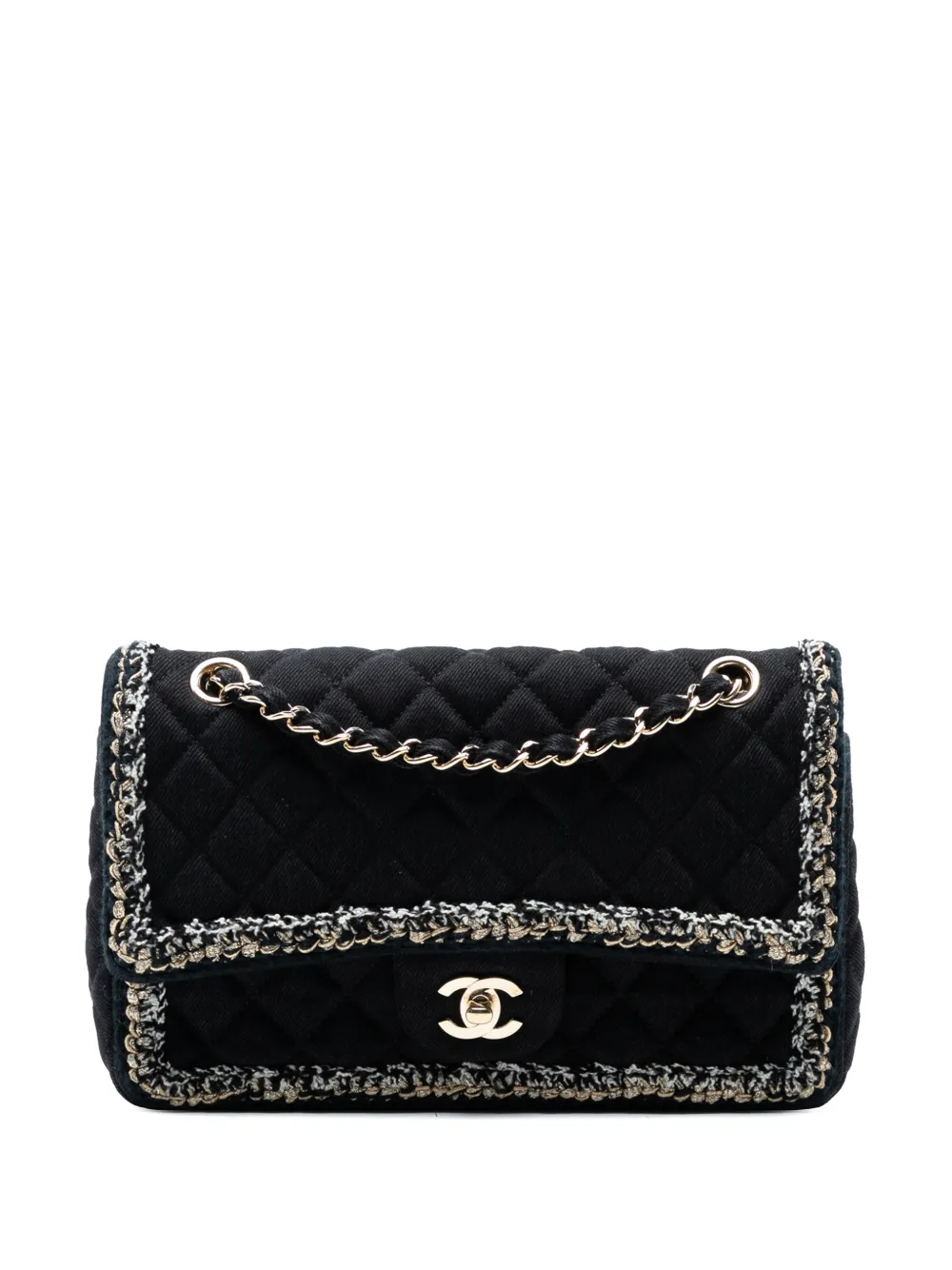 Pre-owned Chanel 2018-2019 Medium Classic Denim Braided Single Flap Shoulder Bag In Black