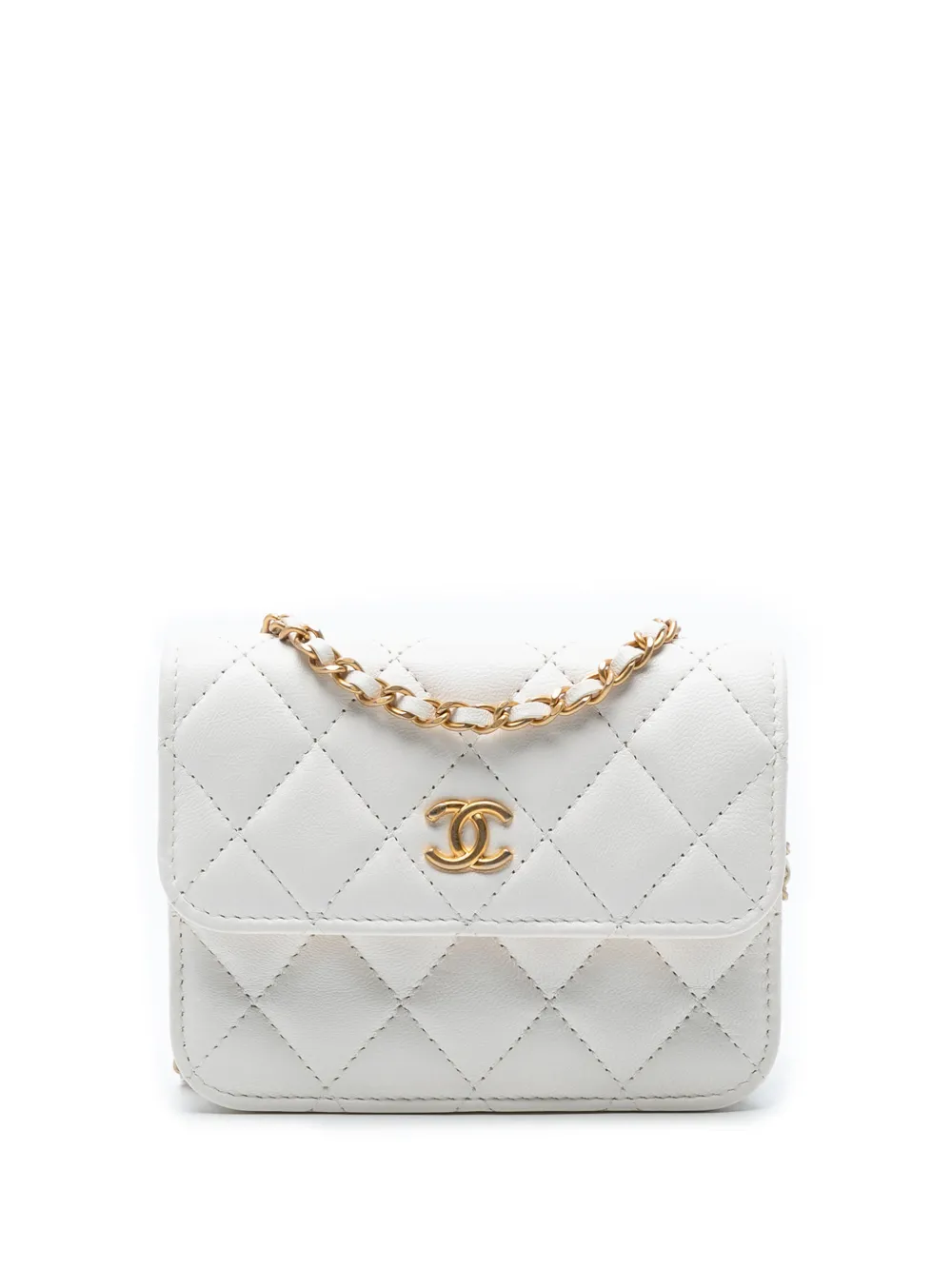 CHANEL Pre-Owned Pouch Pearl Crush CC mini in pelle di agnello trapuntata con catena 2021 - Bianco