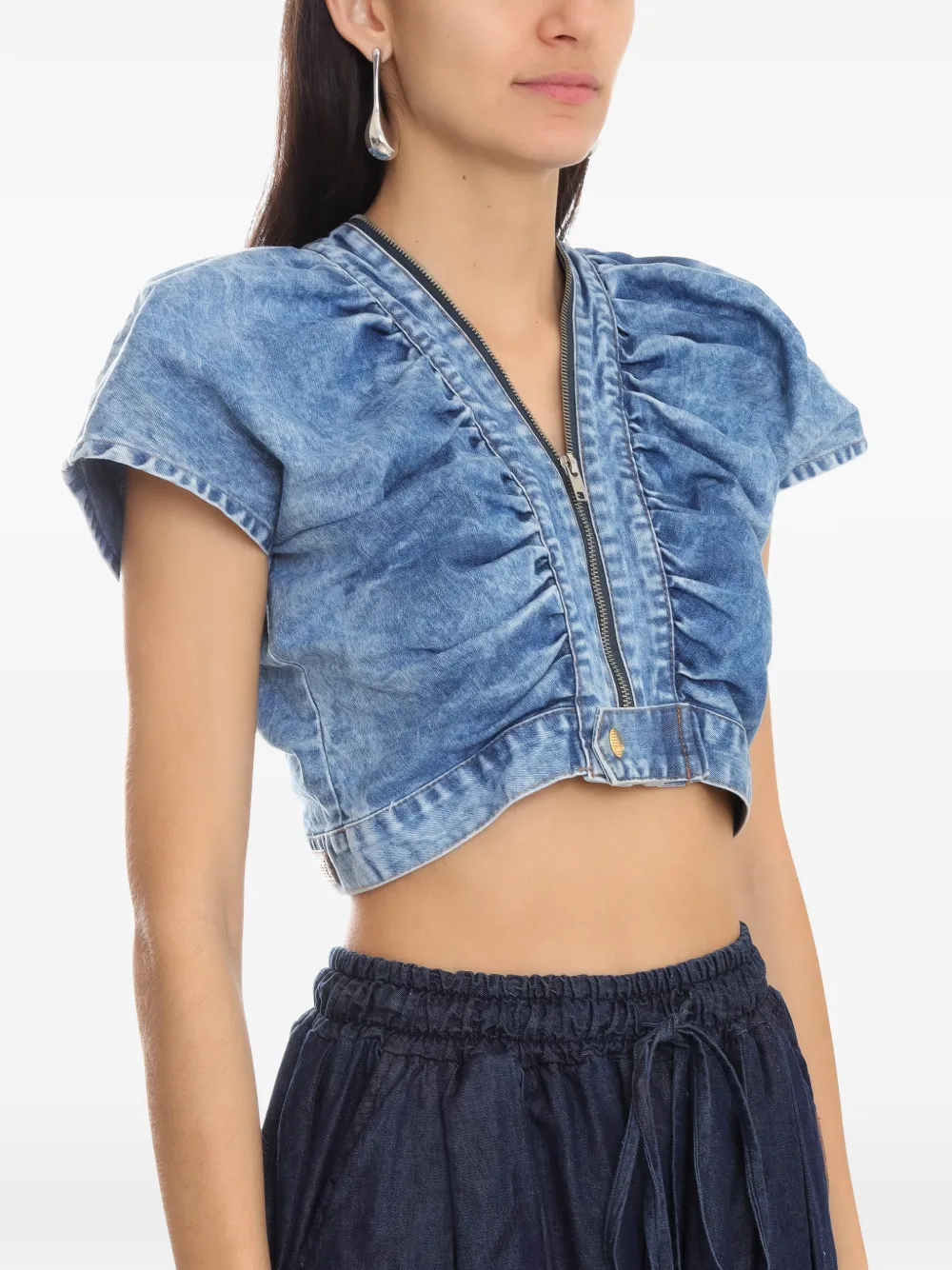 Amapô Zipped Ruffled Crop Top In Blue