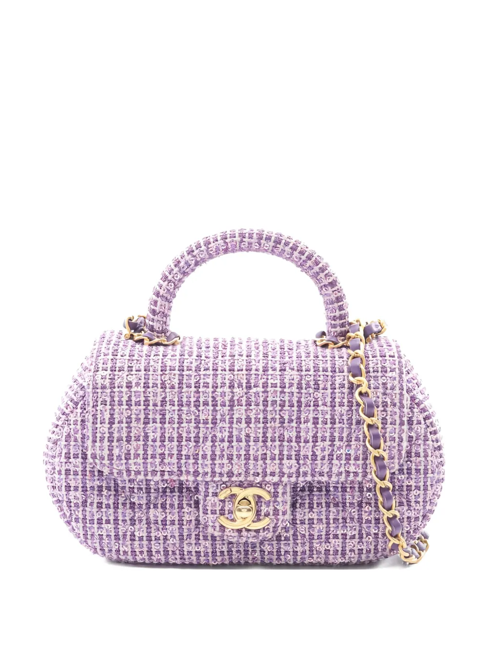 Pre-owned Chanel 2021 Mini Flap Chain-strap Tweed Tote Bag In Purple
