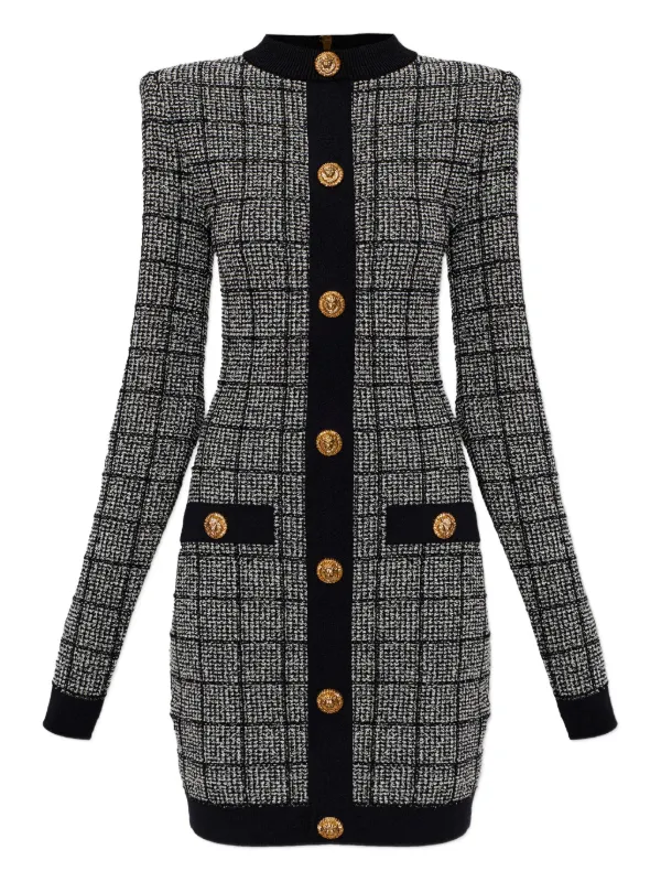 Balmain checked-pattern long-sleeve Dress | Grey | FARFETCH GE Balmain checked-pattern long-sleeve Dress | Grey | FARFETCH GE