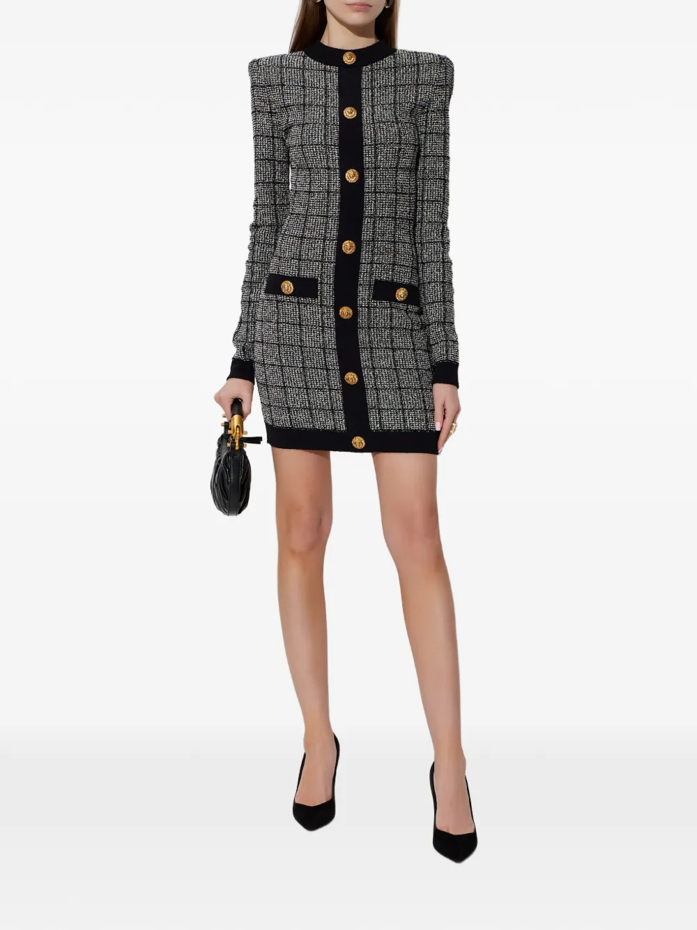 Balmain checked-pattern long-sleeve dress - Grijs