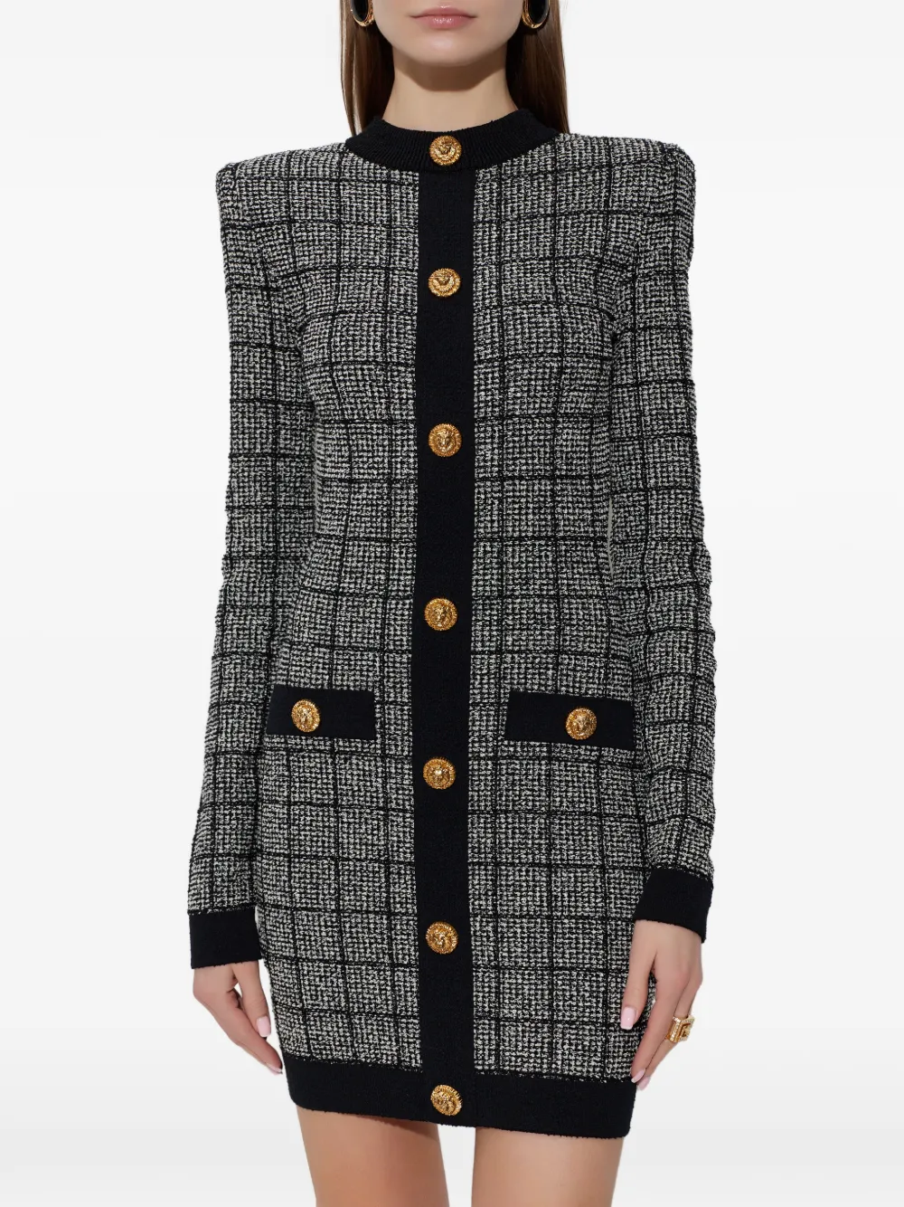  Balmain Checked-pattern Long-sleeve Dress - Grey 