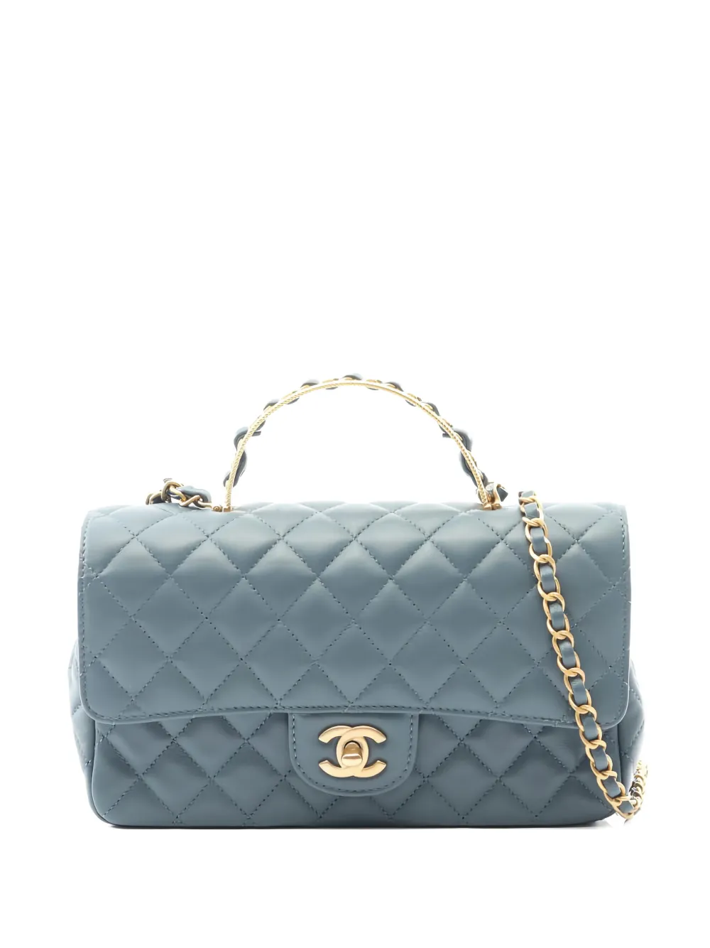 Pre-owned Chanel 2021 Quilted Top-handle Chain-link Cross-body Bag In Blue