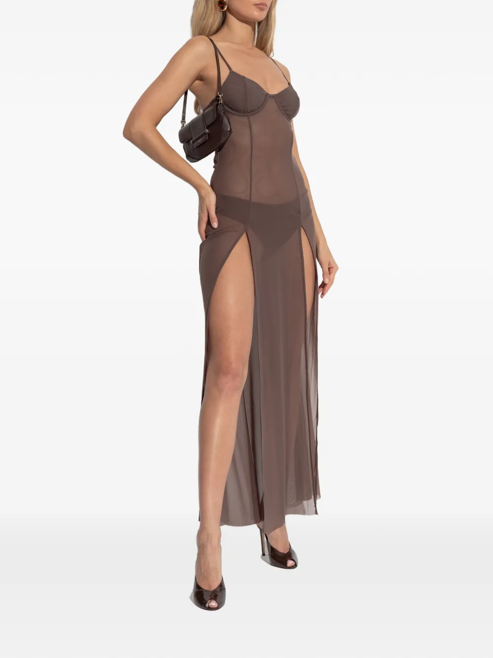  Bond-eye Mesh Slit Maxi Dress - Brown 