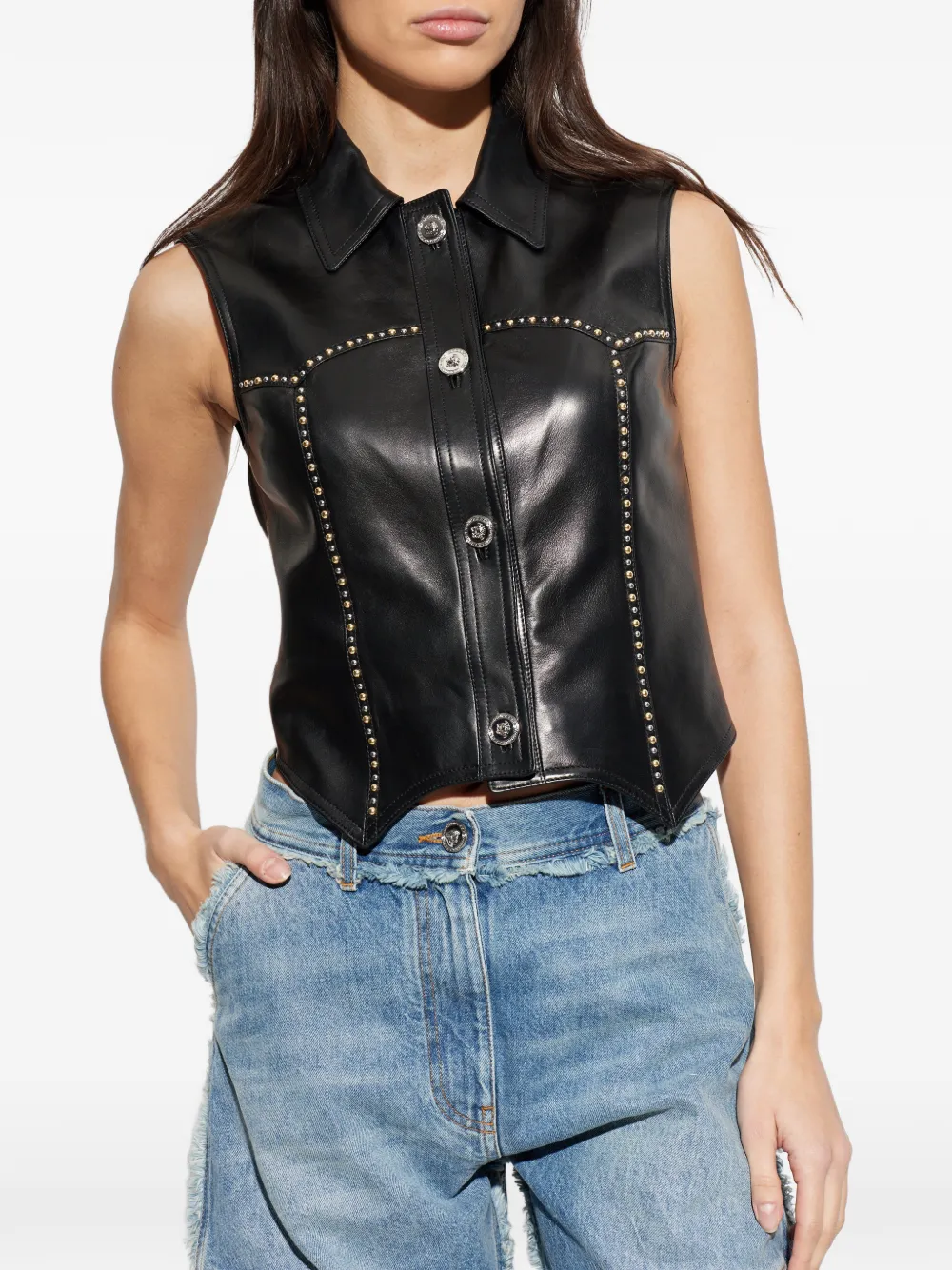  Versace Leather Sleeveless Shirt - Black 