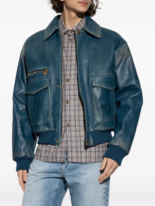 Versace Pocket Zip Leather Jacket | Blue | FARFETCH ZA