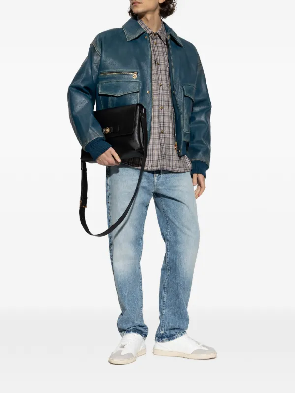 Versace Pocket Zip Leather Jacket | Blue | FARFETCH ZA