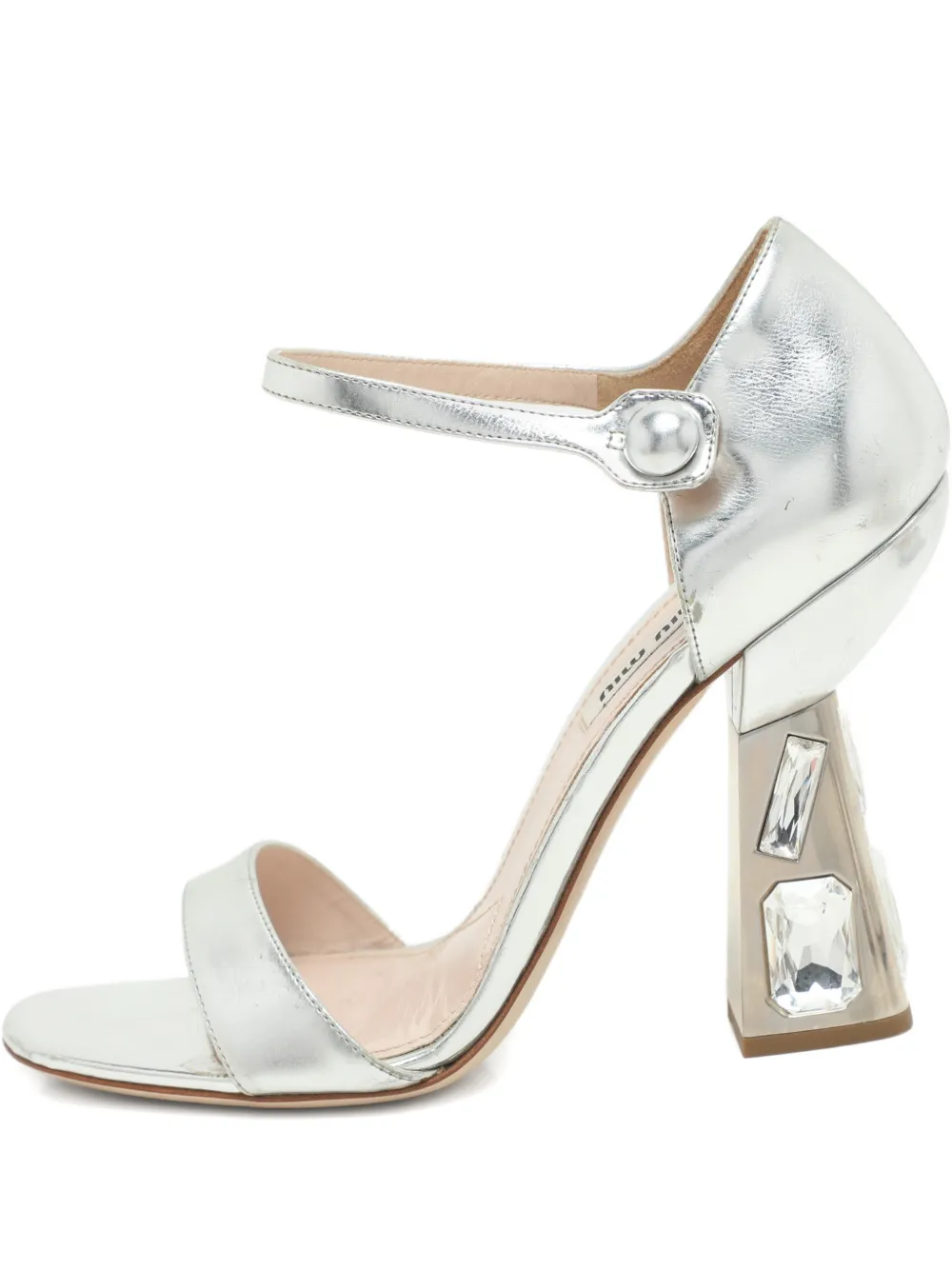 Pre-owned Miu Miu 38 Crystal Block-heel Sandals In Silver