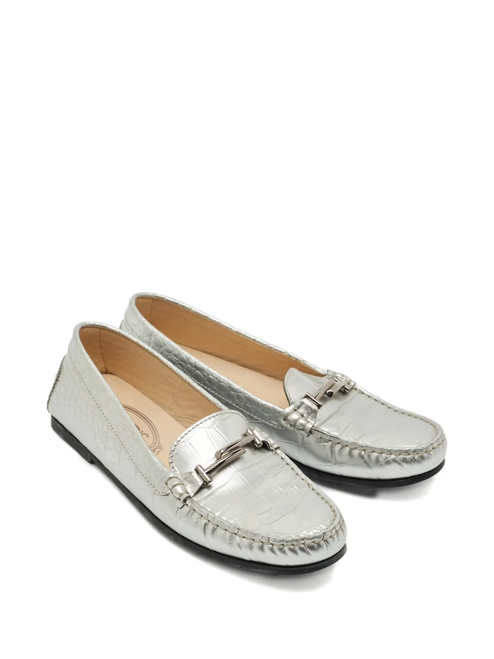 Pre-owned Tod's Croc-embossed Logo-detail Loafers In Silver