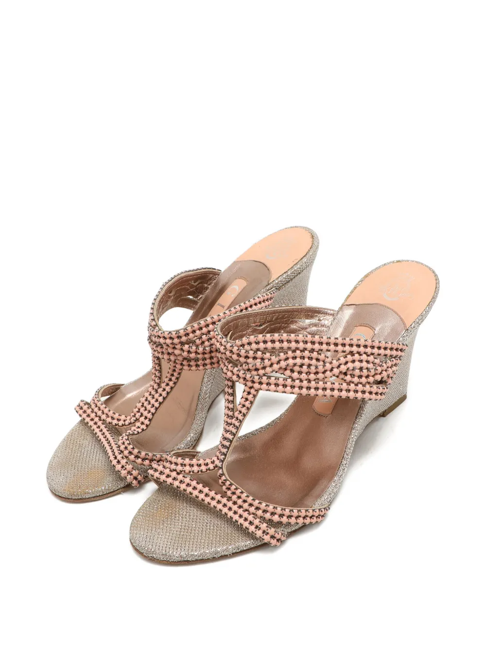 Pre-owned Gina Bead-embellished Wedge Sandals In Neutral