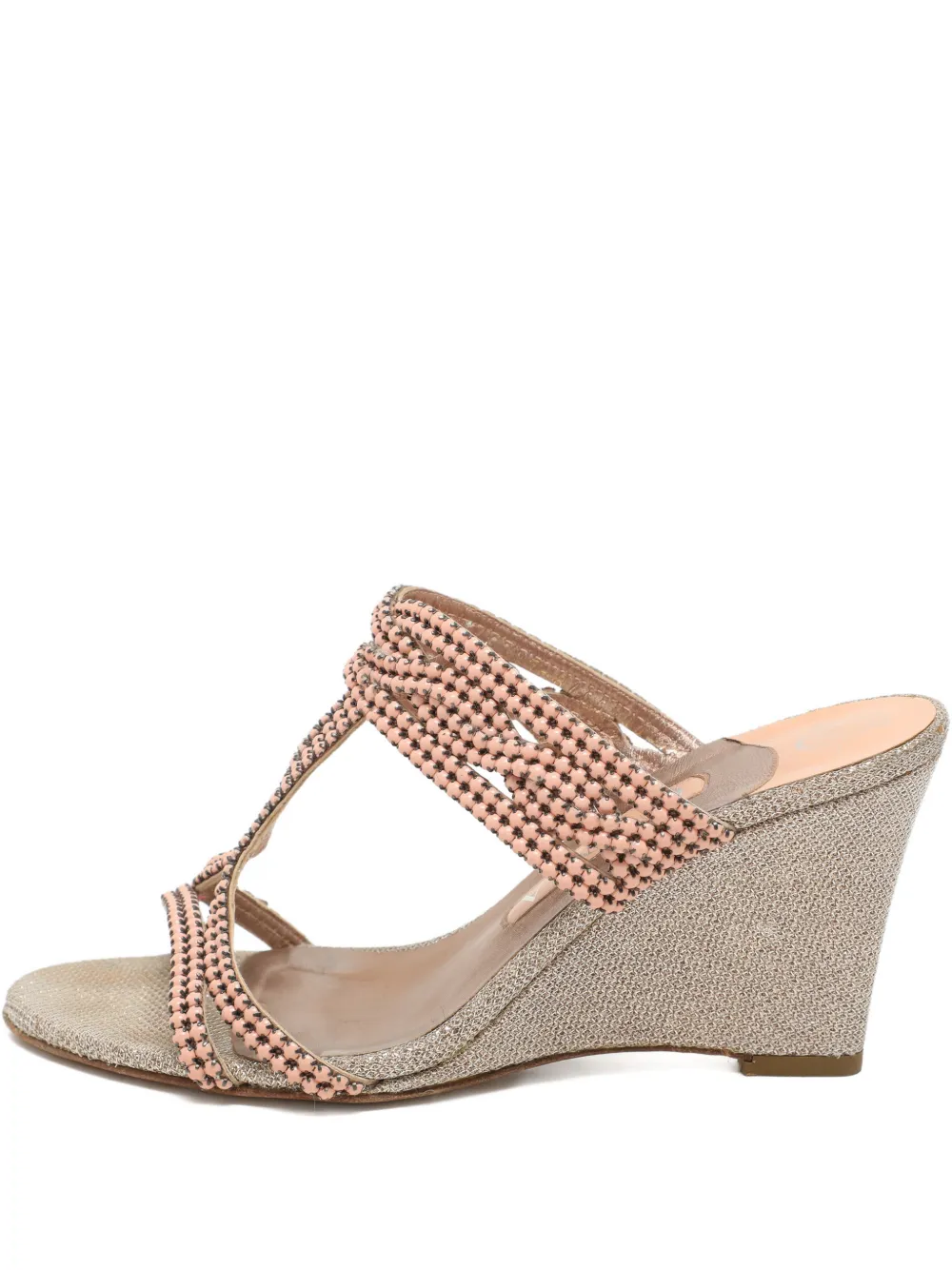 Pre-owned Gina Bead-embellished Wedge Sandals In Neutral