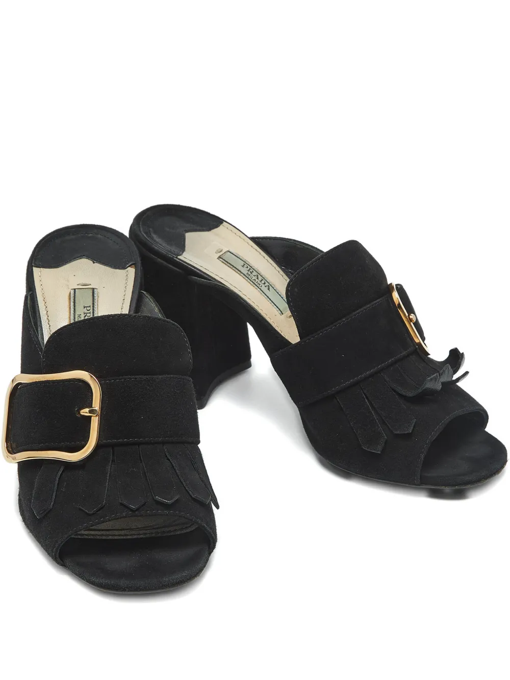 Pre-owned Prada Fringe Buckle Sandals In Black