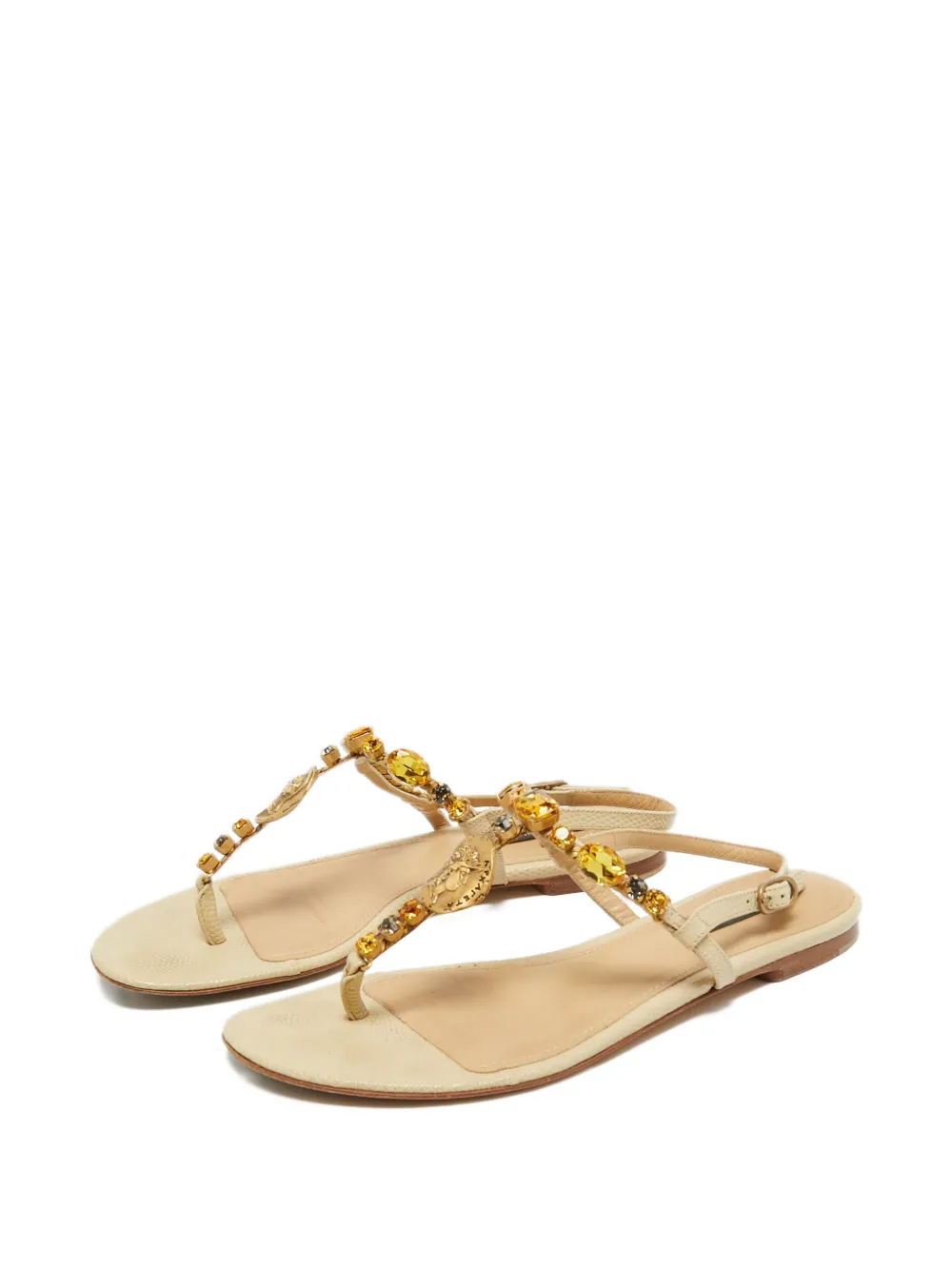 Dolce & Gabbana Pre-Owned lizard-embossed embellished flat sandals - Beige