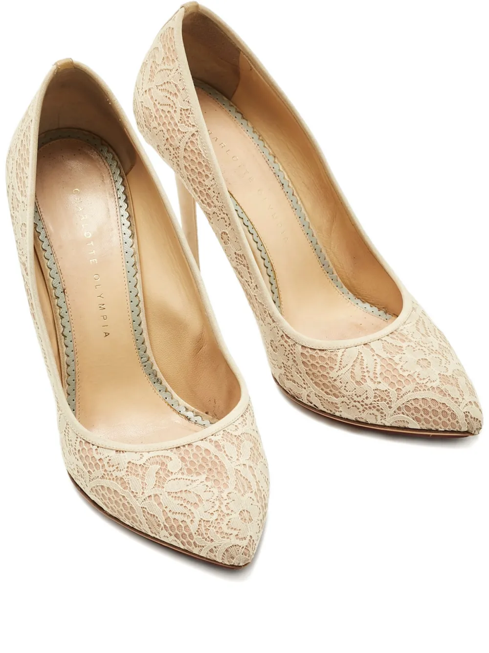 Pre-owned Charlotte Olympia Monroe Lace Pointed Heeled Pumps In Neutral