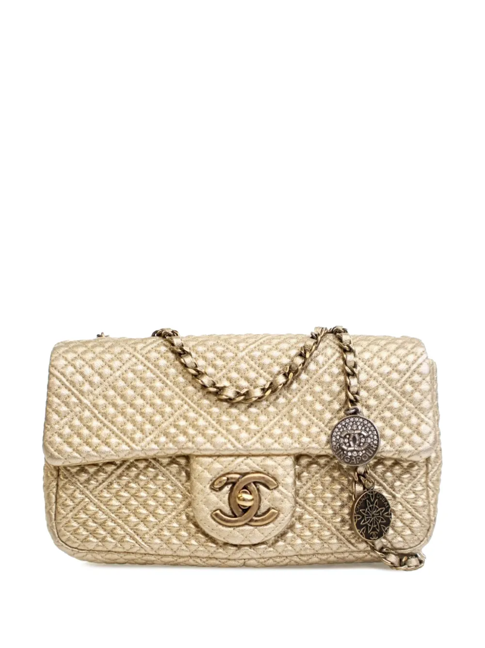 CHANEL Pre-Owned Borsa a spalla piccola in pelle di agnello metallizzata trapuntata con battente e monete 2014-2015 - Oro