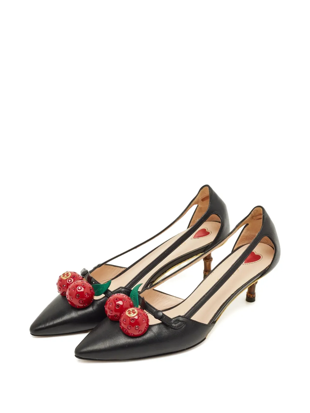Pre-owned Gucci Unia Pointed-toe Cherry-detail Pumps In Black