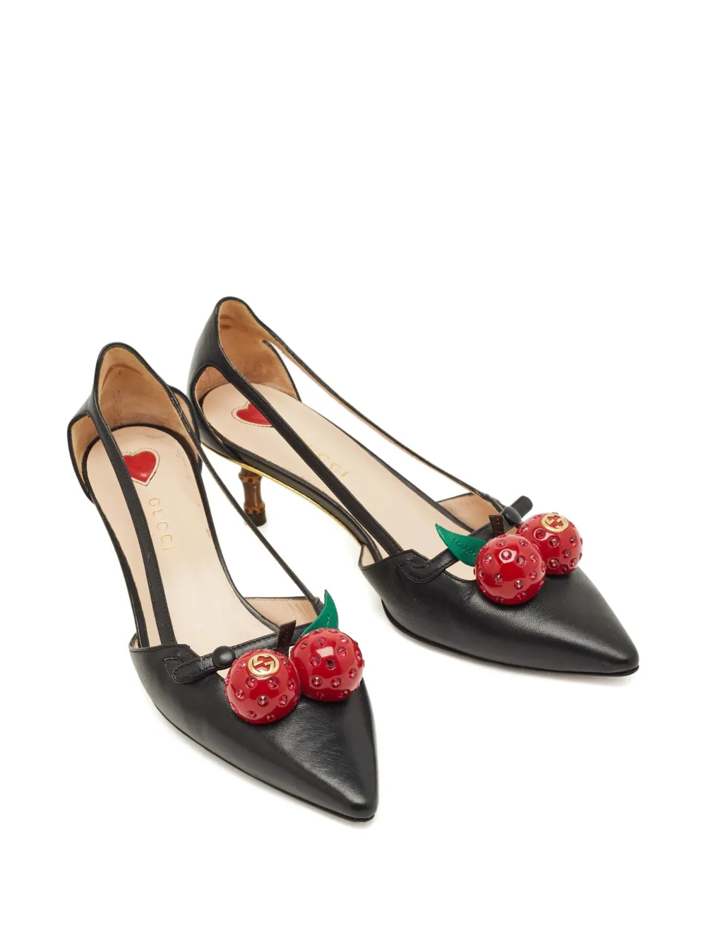 Pre-owned Gucci Unia Pointed-toe Cherry-detail Pumps In Black