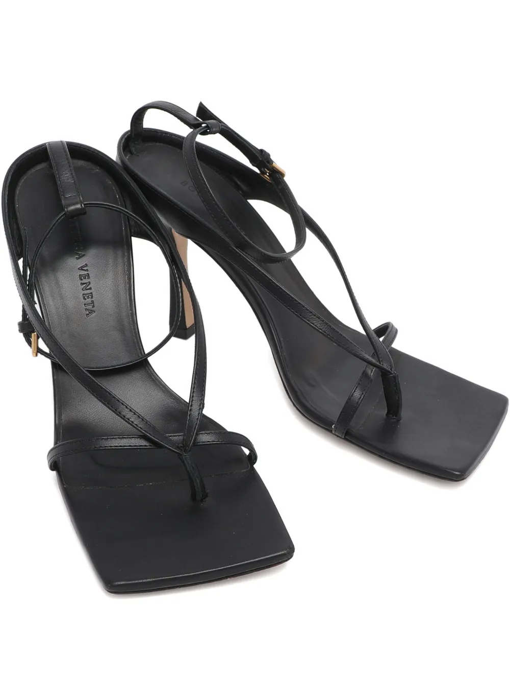 Pre-owned Bottega Veneta Square-toe Leather Heeled Sandals In Black