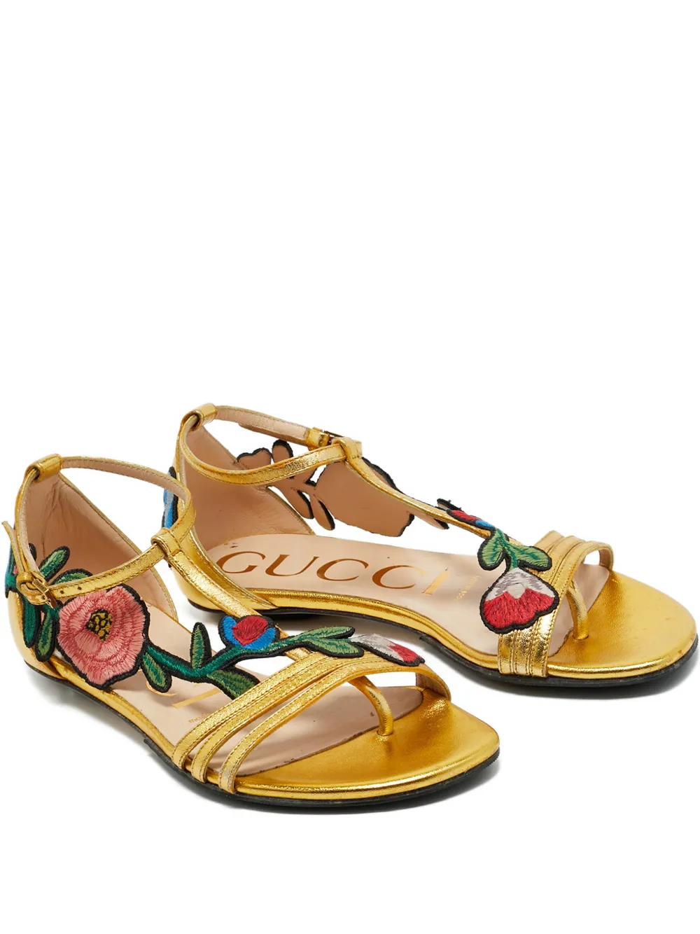 Pre-owned Gucci Ophelia Floral Embroidery Sandal In Gold