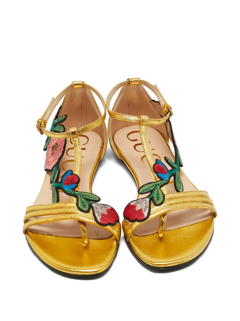 Pre-owned Gucci Ophelia Floral Embroidery Sandal In Gold