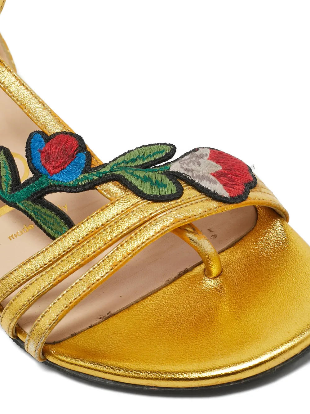Pre-owned Gucci Ophelia Floral Embroidery Sandal In Gold