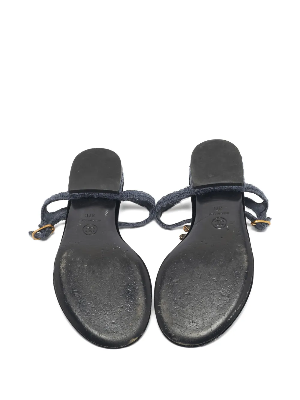 CHANEL Pre-Owned tweed logo t-strap sandals - Blauw