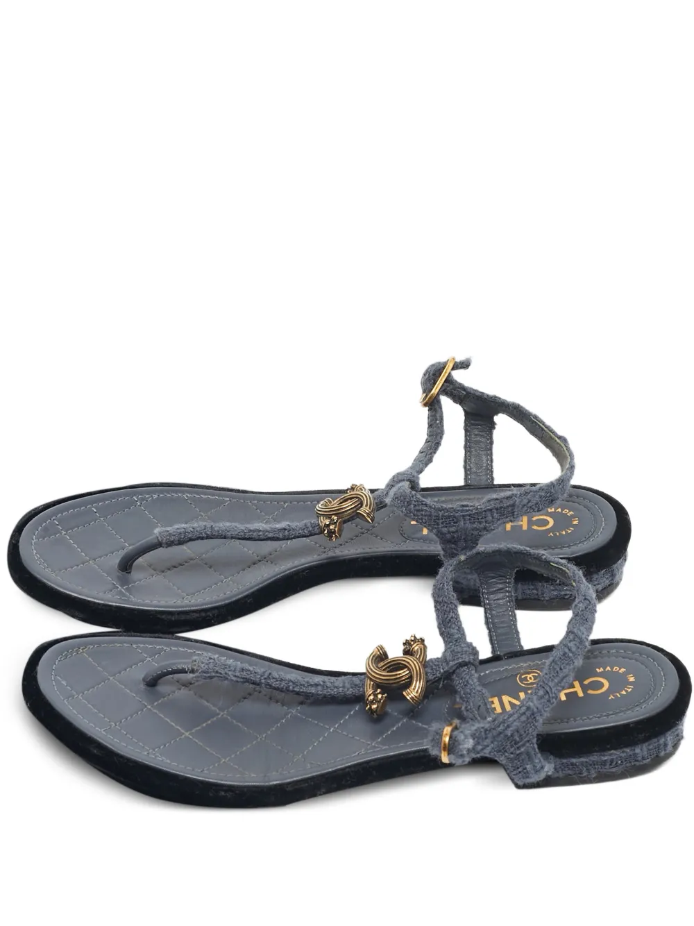 CHANEL Pre-Owned tweed logo t-strap sandals - Blau