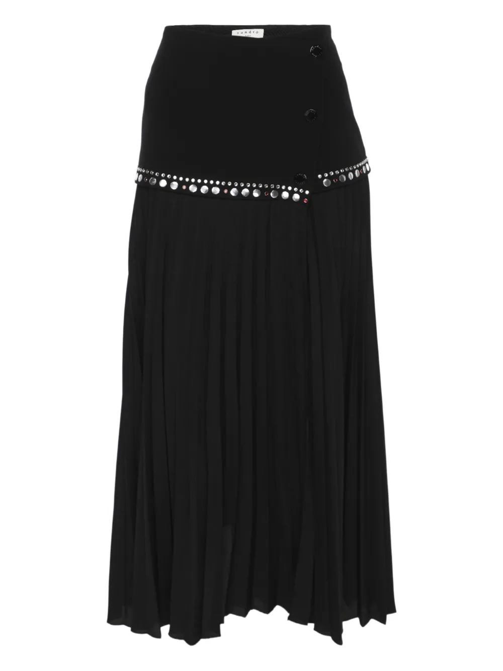 Pre-owned Sandro Pleated Metal-embellished Midi Skirt In Black