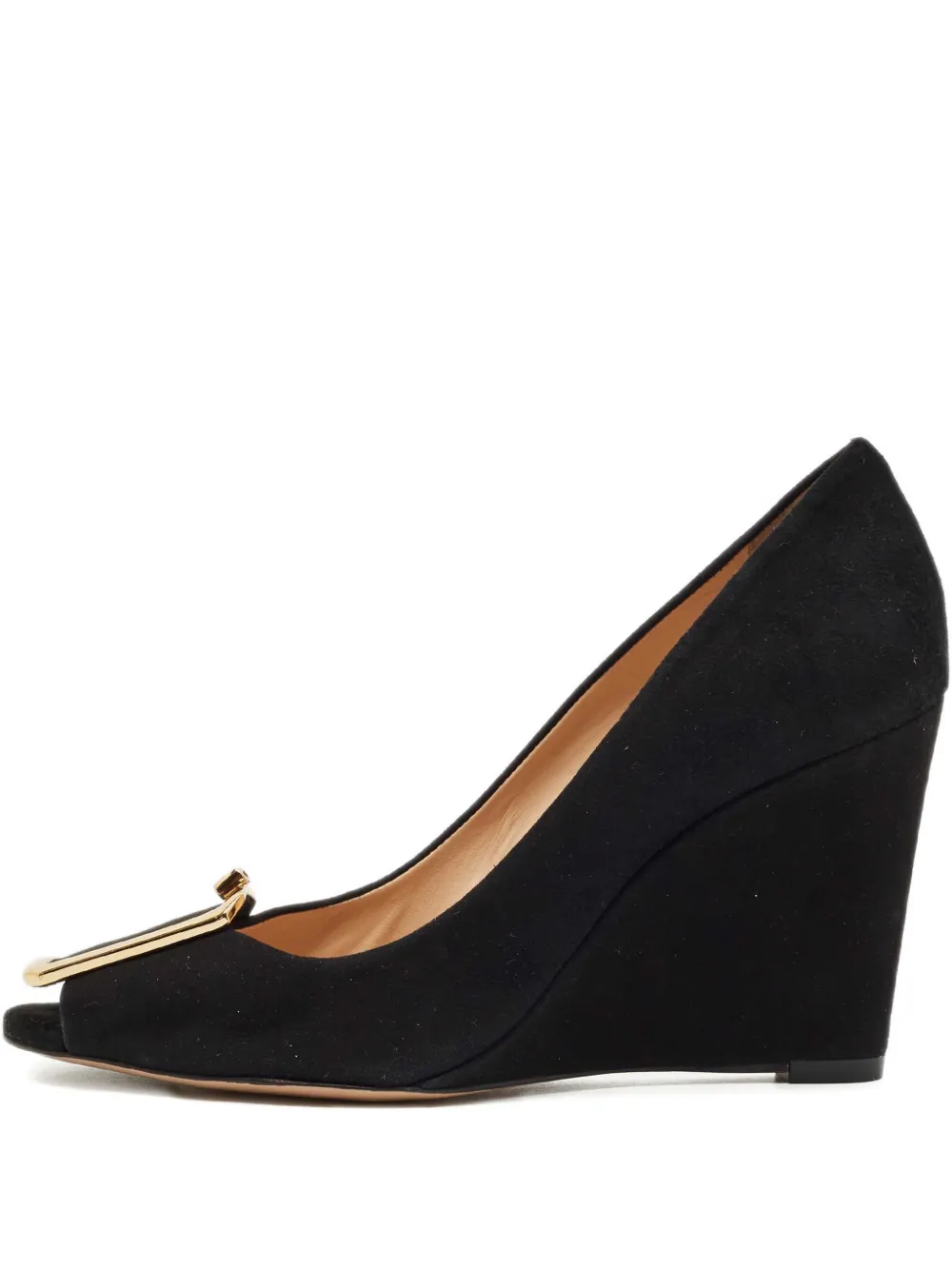 Pre-owned Tory Burch Peep-toe Wedge Heel Shoes In Black