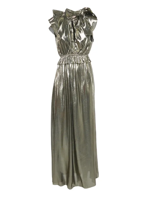 monique tie maxi dress Monique Lhuillier Ruffle neck-tie Maxi Dress | Gold